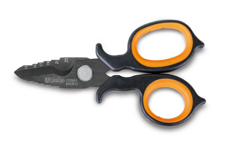 Double-acting electricians&#8217; scissors, with milling profiles in DLC-coated stainless steel, Beta Tools by Unipac