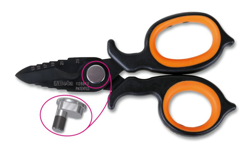 Double-acting electricians&#8217; scissors, with milling profiles in DLC-coated stainless steel, Beta Tools by Unipac