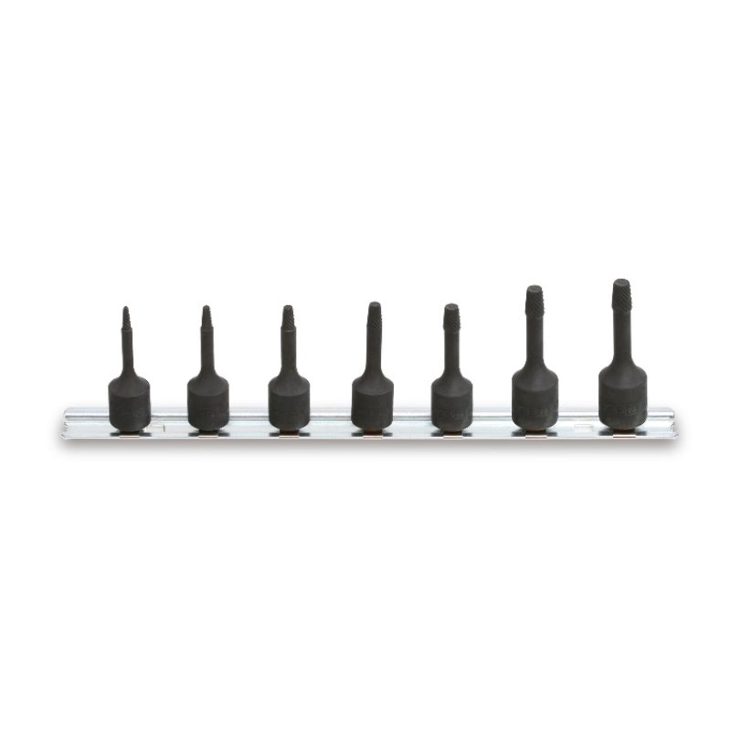 Set of 7 pullers for damaged screws and stud bolts with square drive (item 1429) on support, Beta Tools by Unipac